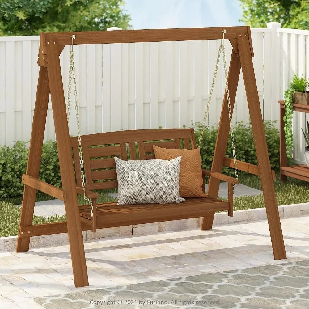 Garden Swing Chair, Hardwood Hanging Porch Swing with Stand in Teak Oil, Natural, Patio Swing Bench