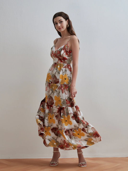 Women Summer Fashion Printed V-neck Dress Beach Style Sleeveless Halter Neck Tie-up Ruffled A-Line Dress Party Vacation Dresses