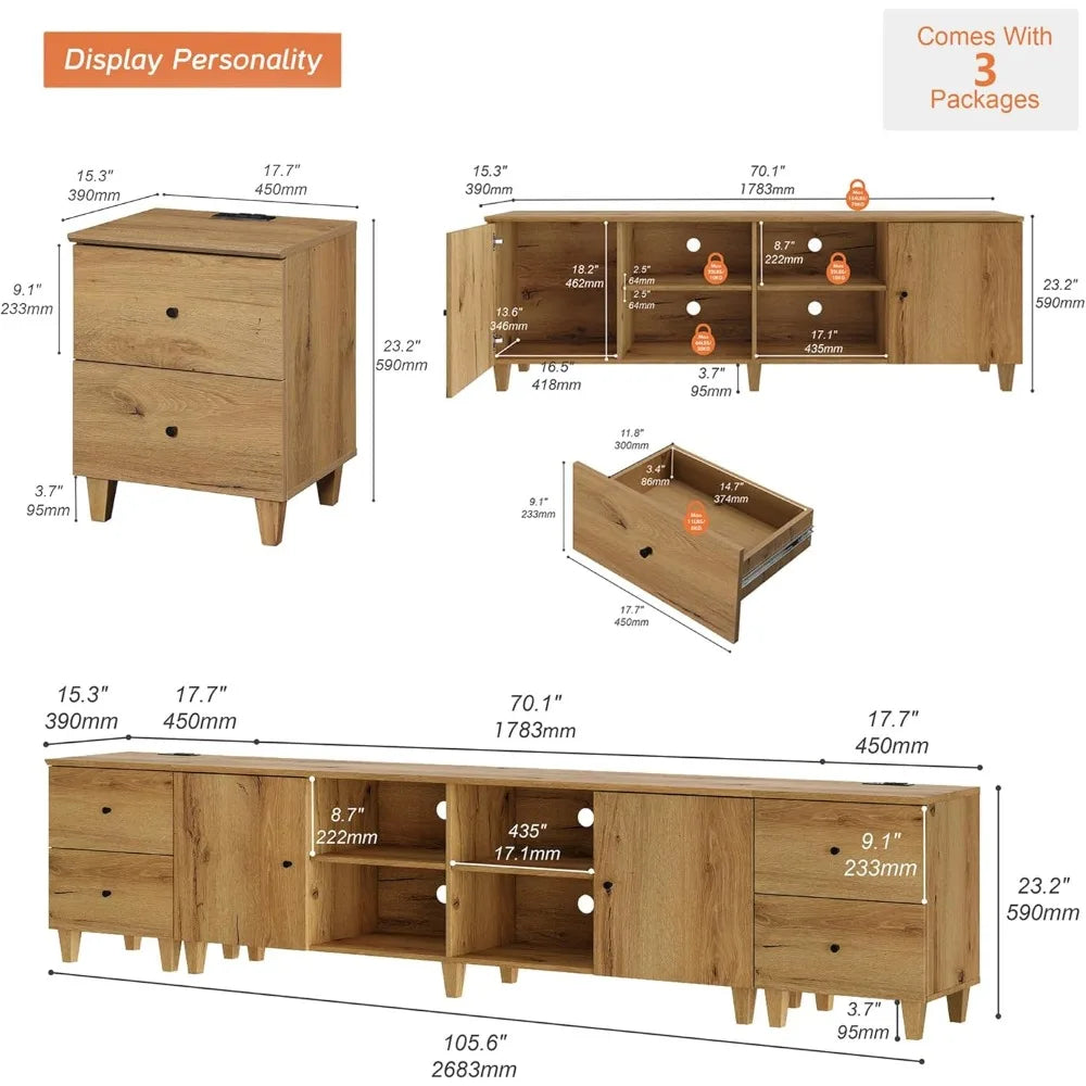 3-in-1 TV Stand w/Doors&Charging Station, 105" Modern Wood Entertainment Center Media Console for 110+ inch TVs, TV Cabinet w/S