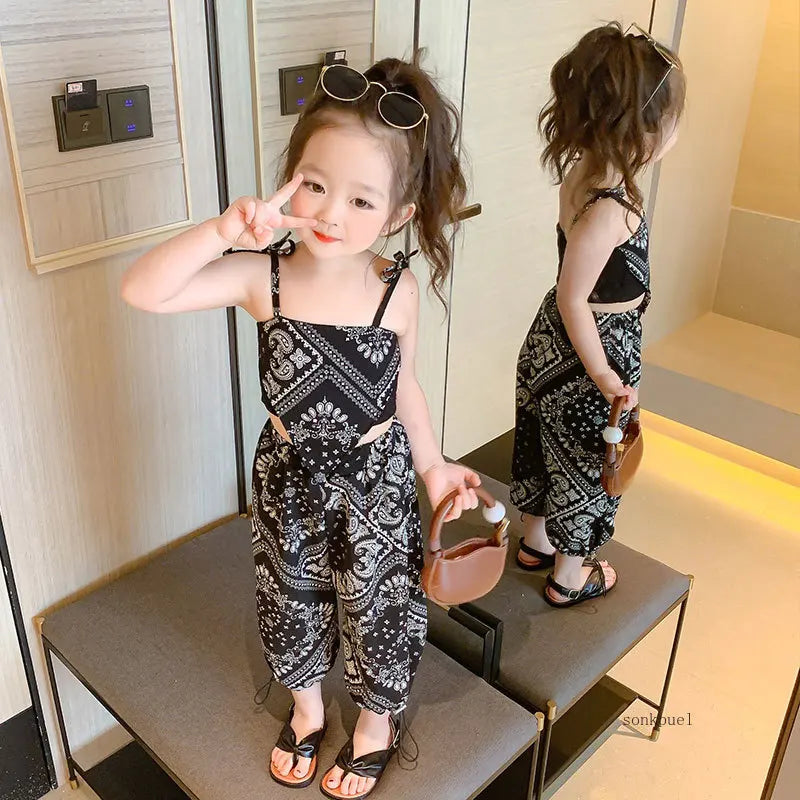 3-6Years Summer Suit Thin Girls Suit Suspender Mosquito-proof Pants Two Pieces of Cute Girl Children's Clothes