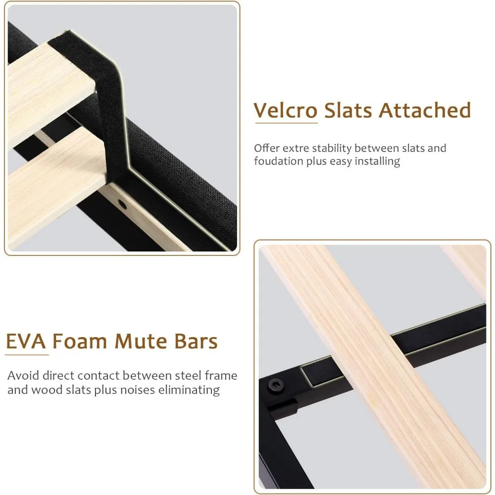 Bed Frame with Button Tufted Headboard, Upholstered Bed Frame with Solid Wooden Slats, 8" Underbed Space