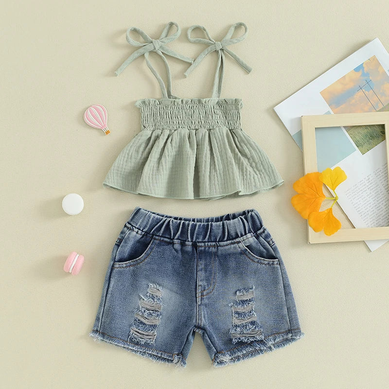 Pudcoco Kids Baby Girls Shorts Set, Tie-up Pleated Camisole with Ripped Denim Shorts Summer 2-piece Outfit 1-5T