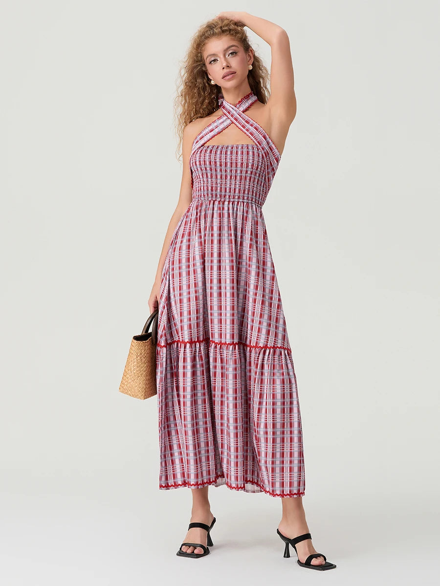Women s Sleeveless Halter Neck Maxi Dress with Open Back and Tropical Floral Print - Summer Beach Party Dress