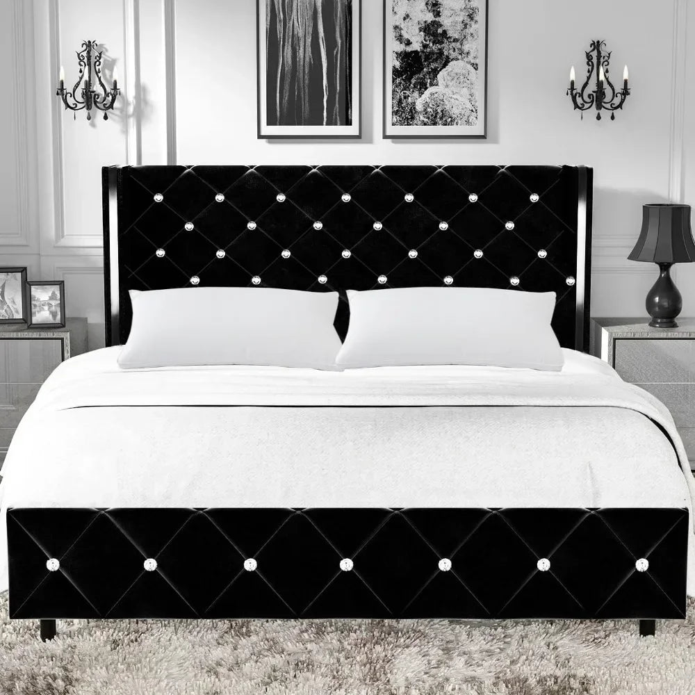 King Size Bed Frame with Wingback, Upholstered Beds Frames with Diamond Tufted Headboard and Footboard, No Box Spring Needed