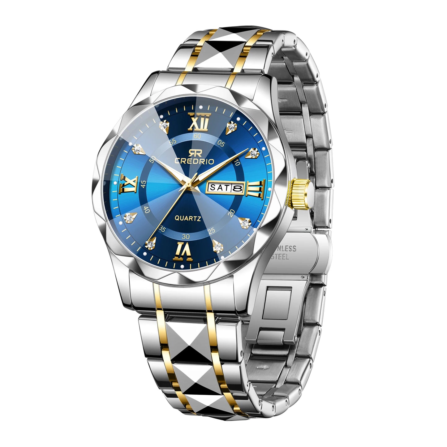 CREDRIO Men's Watches    Men's Rhinestone Luxury Luminous Waterproof Dual Calendar Week Quartz Movement Fashion Business Watch