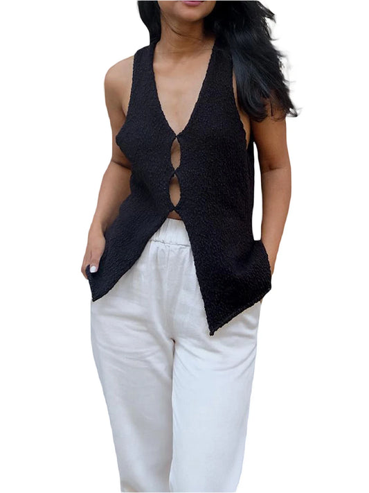 Women Knit Vests Solid Color V-Neck Sleeveless Hollow-Out Front Sweater Vests Pullovers Casual Tank Tops Streetwear