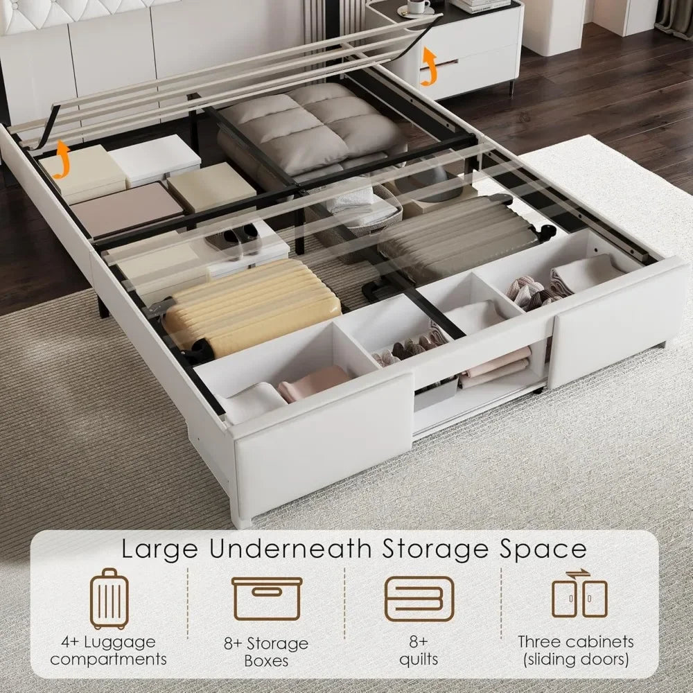 with Charged Headboard and 3 Storage Drawers,Upholstered Platform Bedframe with LED Light,Noise Free/No Box Spring Needed