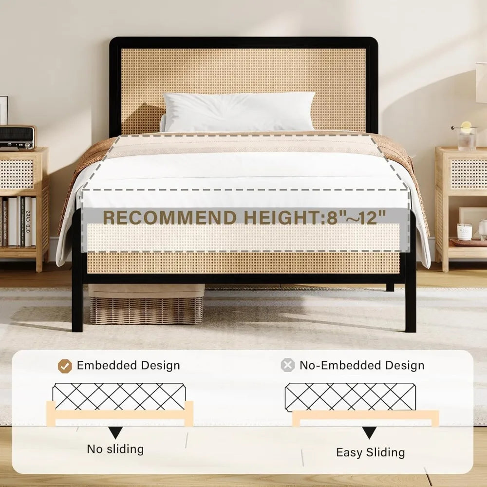 Rattan  Frame Full, Boho Frame with Headboard, Metal Platform Bed Frame, Rattan Beds Frames with Steel Slats Support