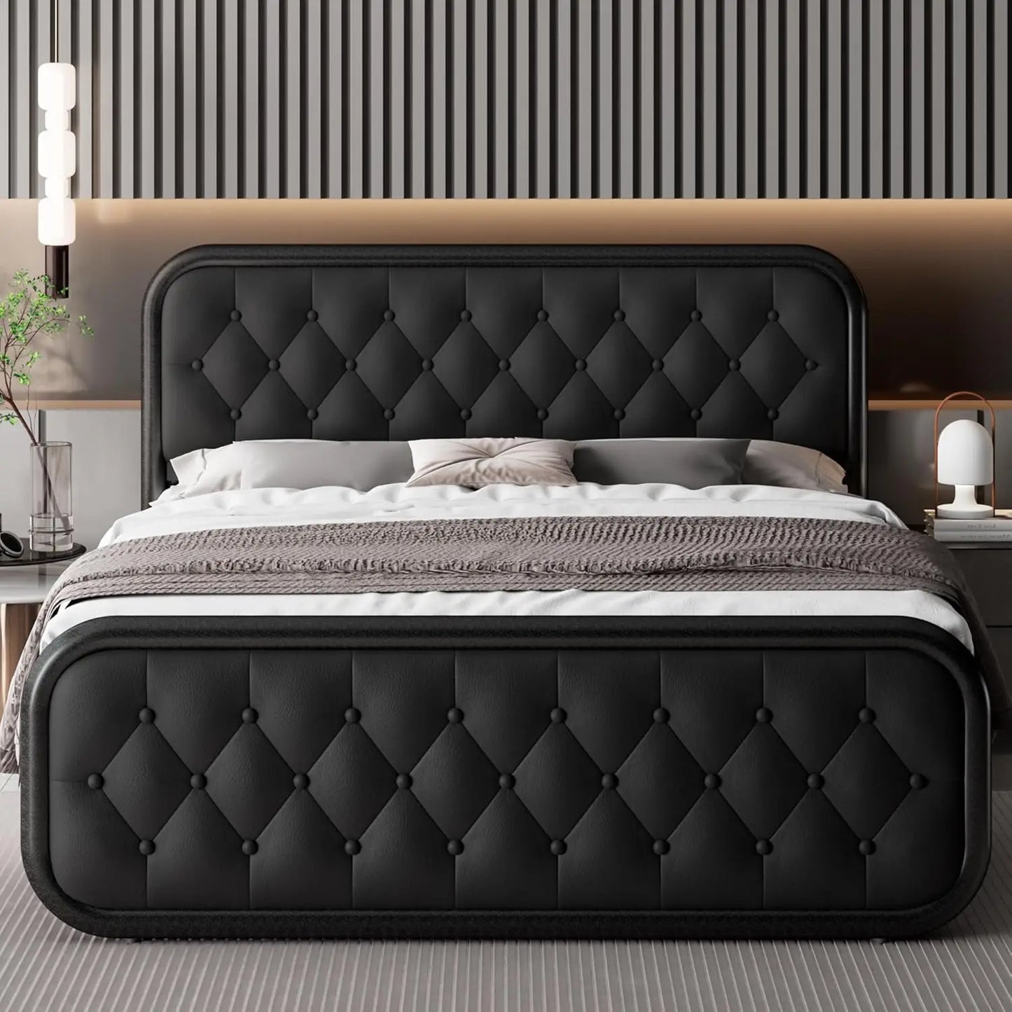 King Size Bed Frame, Upholstered Bed Frame with Faux Leather Headboard, 12" Under Bed Storage, Black