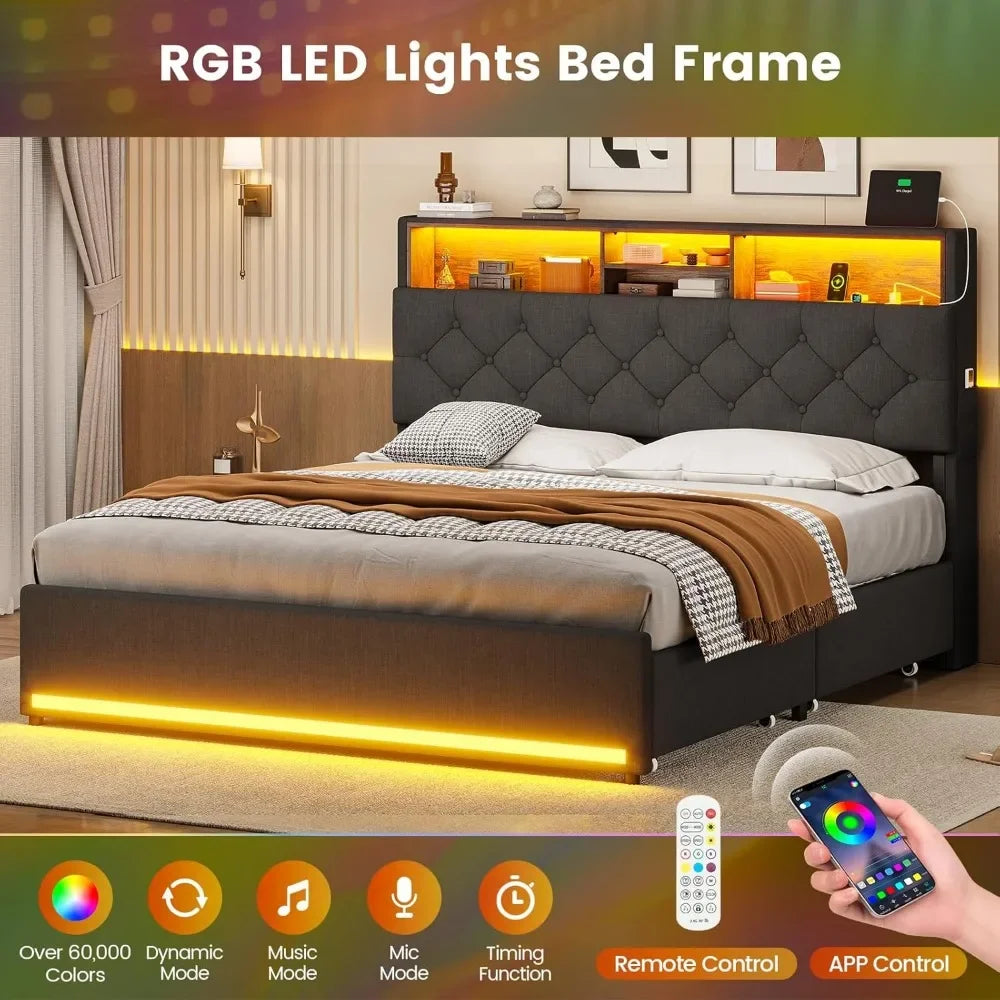 Bed, Queen Bed Frames with Headboard & 4 Drawers, LED Bed Frame Twin with Charging Station, Upholstered and Metal Queen Bed