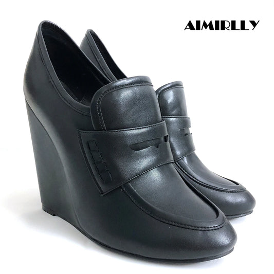 Elegant Wedges Shoes for Women Round Toe High Heel Pumps Comfortable Wedge Heels Footwear Full Black Customized By Aimirlly