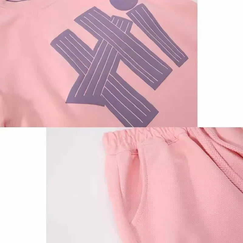 Girls T-Shirts Sets Summer New Kids Short Sleeve Tops+Shorts 2Pcs Children Clothes Teen Loose Casual Suits Letter Print Outfits