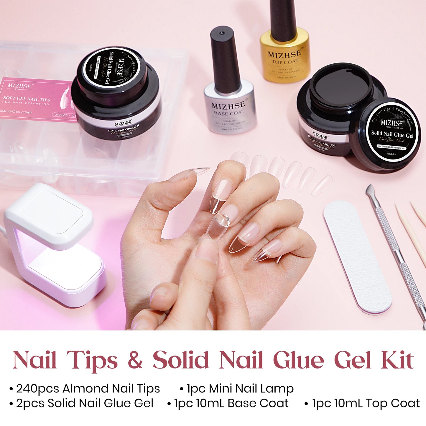 MIZHSE Solid Nail Glue Gel Set 3-in-1 Builder Gel with UV LED Lamp, Base & Top Coat, Nail Tips – Professional Manicure Kit Gifts