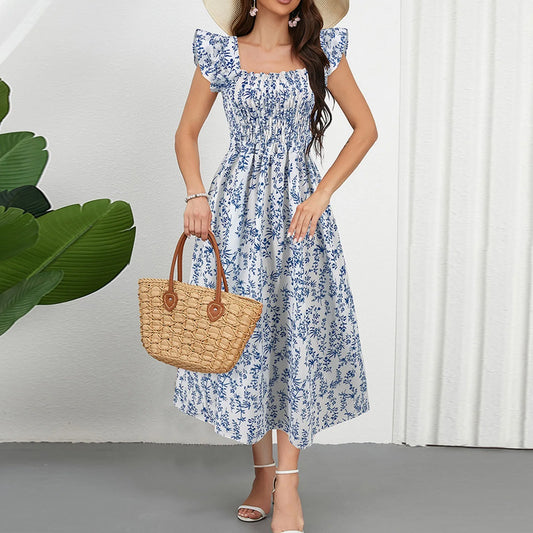 Women Floral Pleated Dress Ruched Chic Midi Dress Short Sleeve O-neck Casual Summer Boho A Line Beach Dress Women