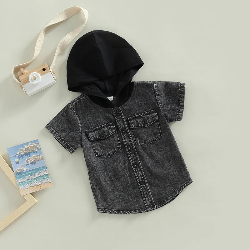 Boys Short Sleeve Hooded Shirt with Button Closure and Pockets Summer Top for Casual Daily Wear Kids Fashion Trend