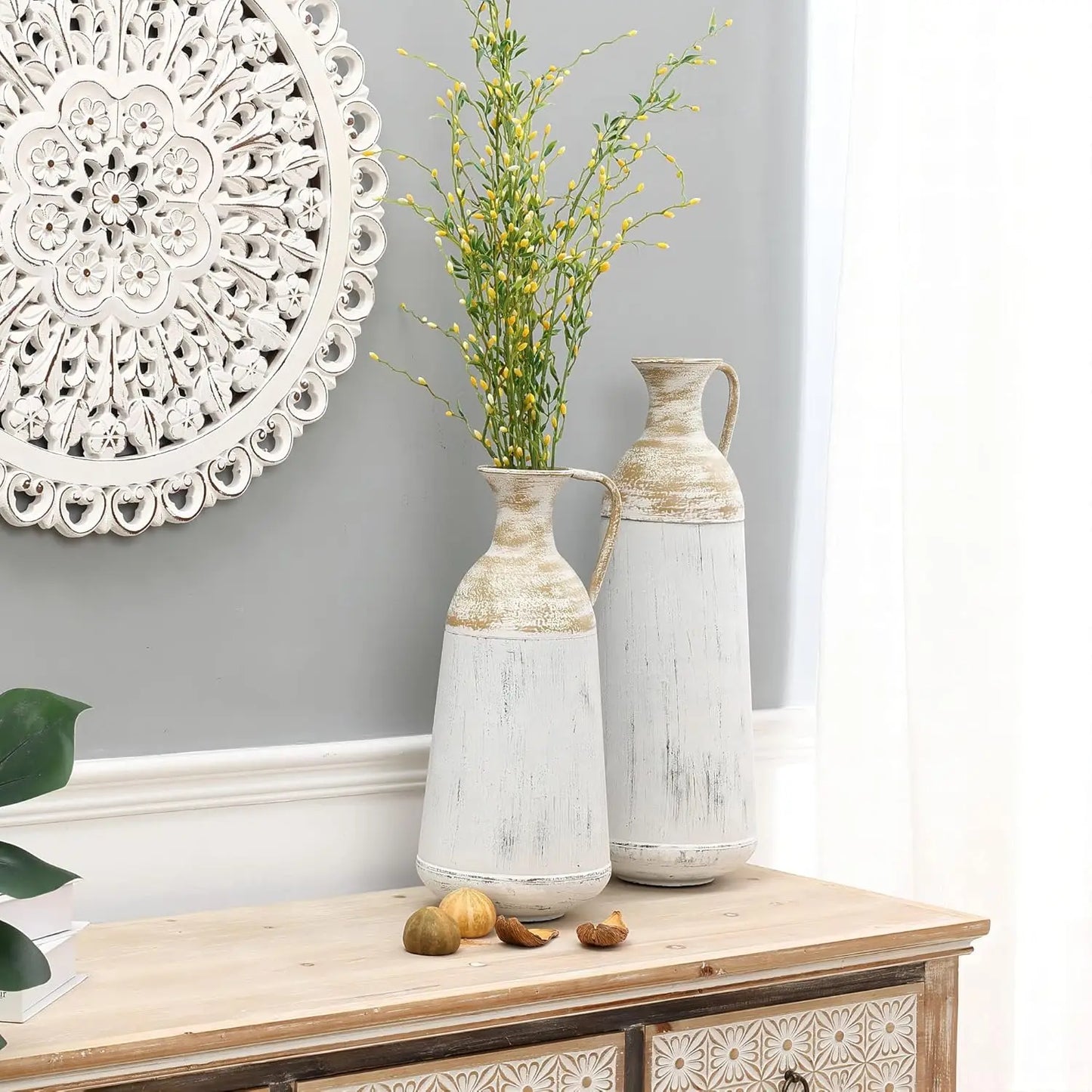 Tall Floor Vase, Tall Vase Decor Set of 2, Distressed Off White and Brown Rustic Floor Vase, Tall Vases for Floor