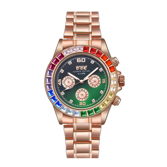 Colored Diamond Men'S Quartz Watch Stainless Steel Colored Rhinestone Men'S Watch Three-Eye Square Diamond Watch Montres Hommes