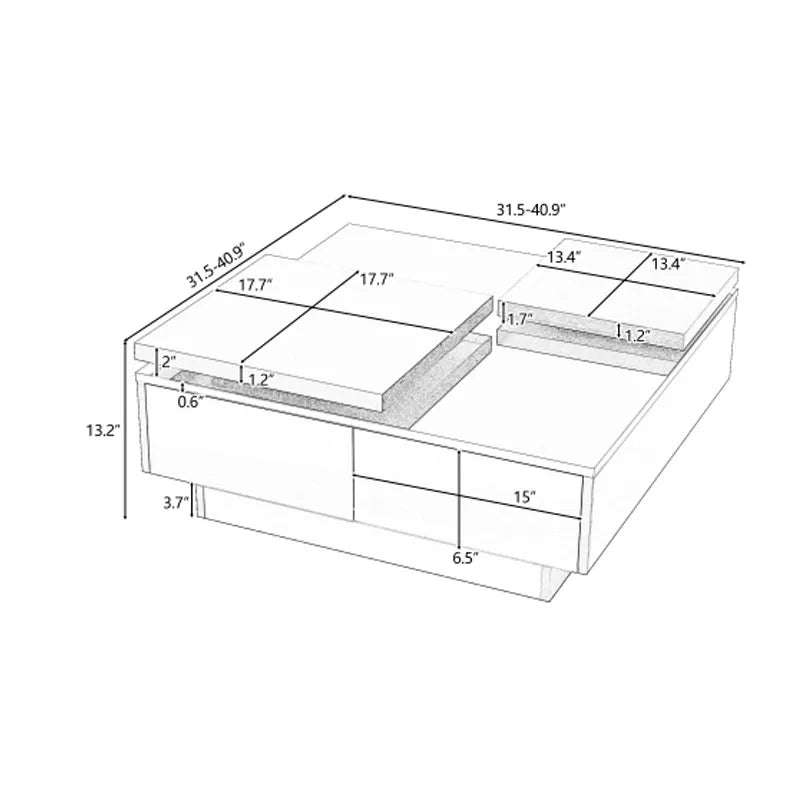 Movable Top Coffee Table, Modern Square Wood Coffee Table with High Gloss finish, 4 Hidden Storage Drawers for Living Room
