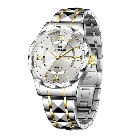 CREDRIO Men's Watches    Men's Rhinestone Luxury Luminous Waterproof Dual Calendar Week Quartz Movement Fashion Business Watch