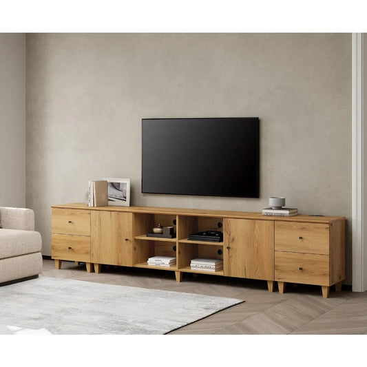 3-in-1 TV Stand w/Doors&Charging Station, 105" Modern Wood Entertainment Center Media Console for 110+ inch TVs, TV Cabinet w/S