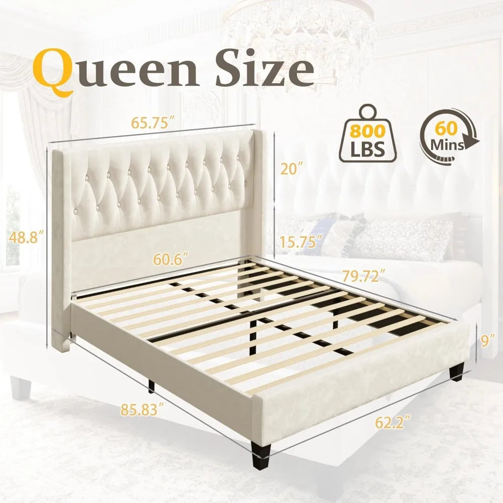 HISOFT Queen Bed Frame, Velvet Upholstered Queen Platform Bed with 48.8" Tall Wingback Headboard, Button Tufted, No Box Spring N