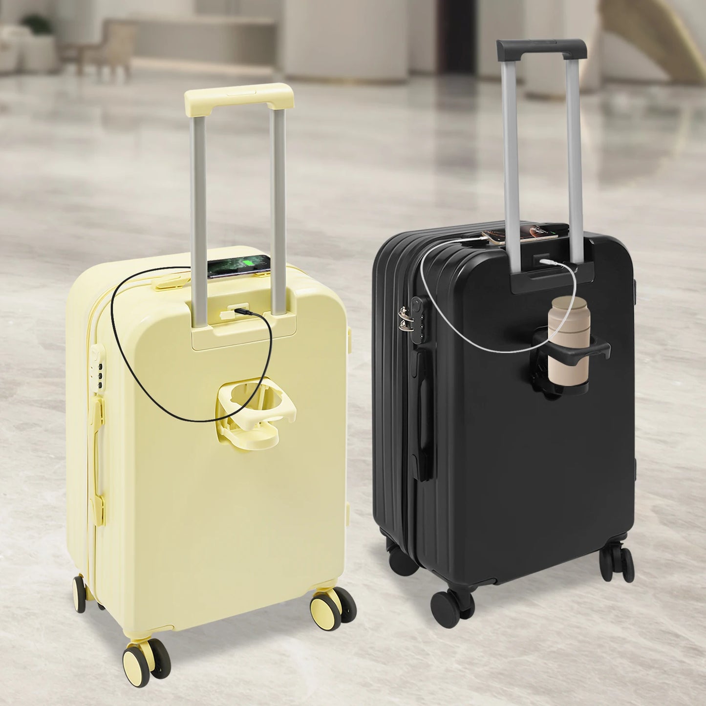 24" Check-In Luggage with Cup Holder&USB Port, Lightweight Suitcase, 360° Spinner Wheels for Travel