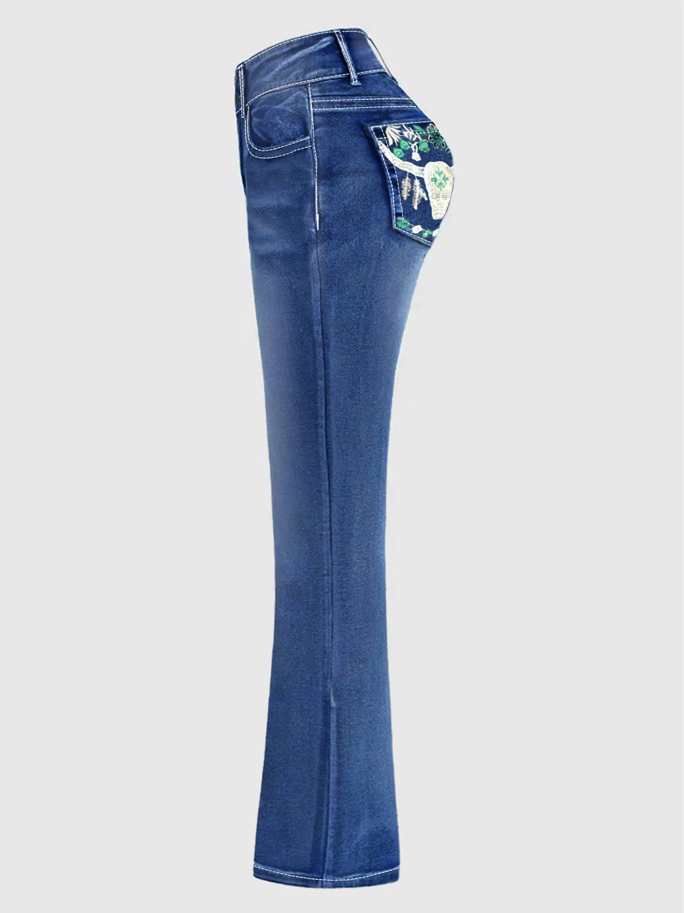 Blue bull head embroidered back bag slightly pulled pants street retro style four seasons suitable for women's large size jeans