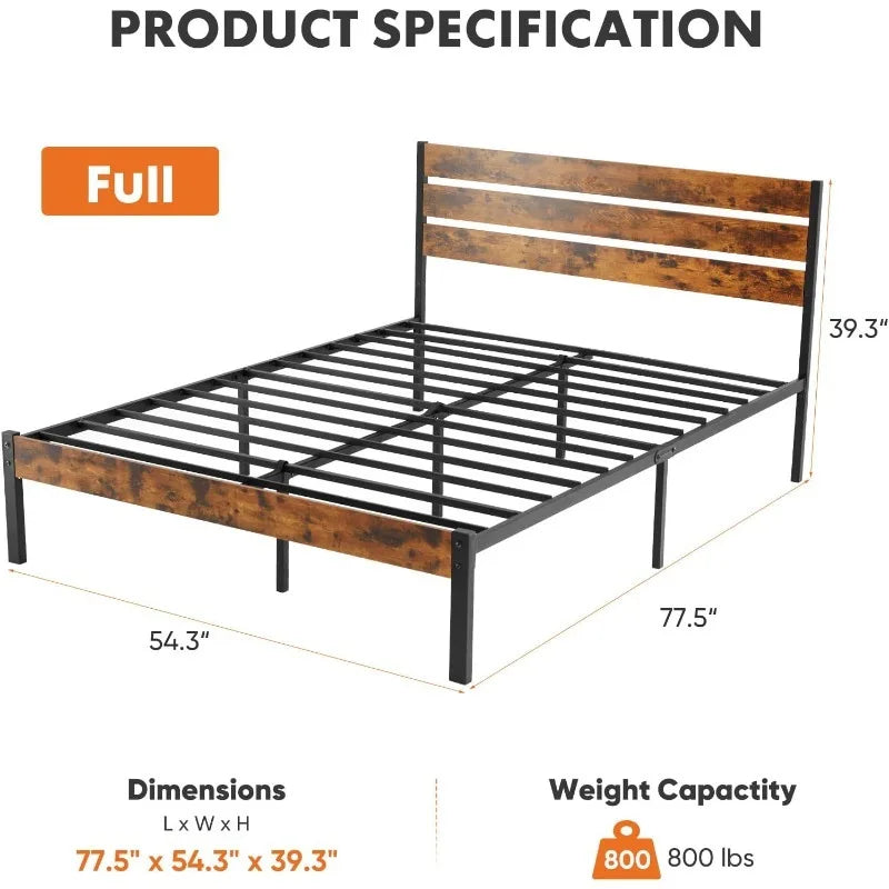 Bed Frame with Headboard, 800LBS Mattress Foundation with All Sturdy Metal Support, Under Bed Storage, No Box Spring Needed