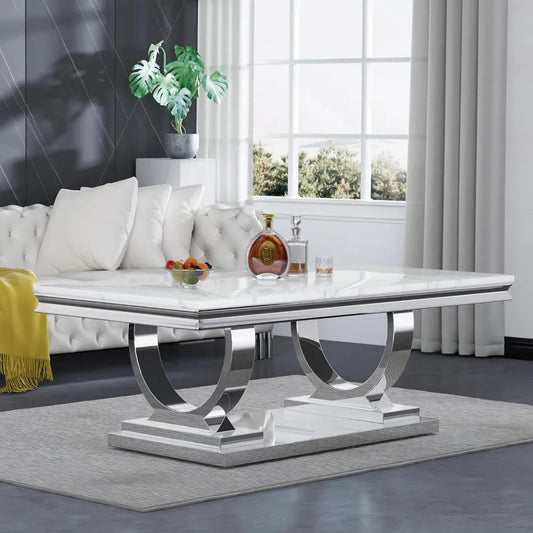 Modern Marble Coffee Table,Rectangular White and Silver with U-Shape Stainless Steel Base with Silver Mirrored Finish LivingRoom