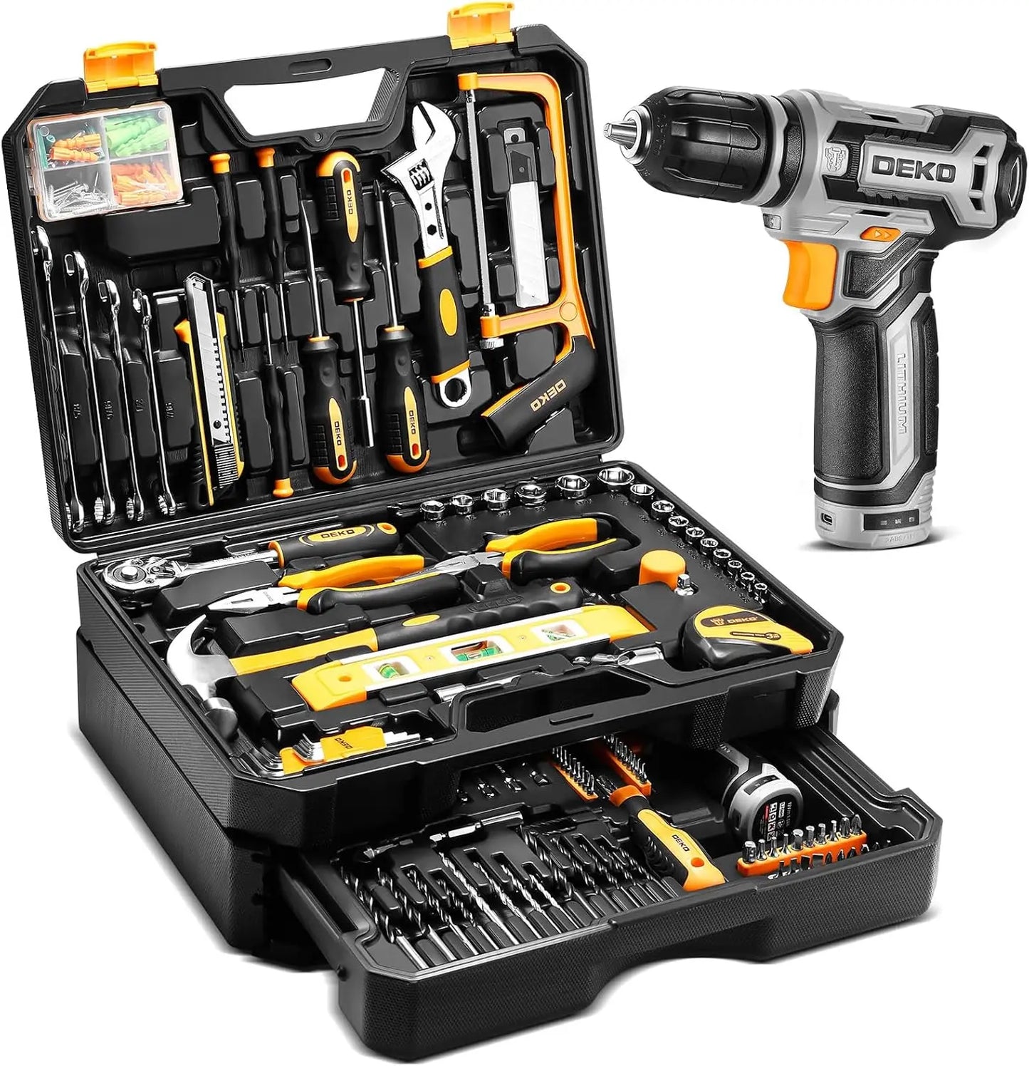 DEKO Home Mechanic Toolbox with 12V Power Cordless Drill Hand Repair Tools Sets Combo Kits Storage Organizer Drawer Case