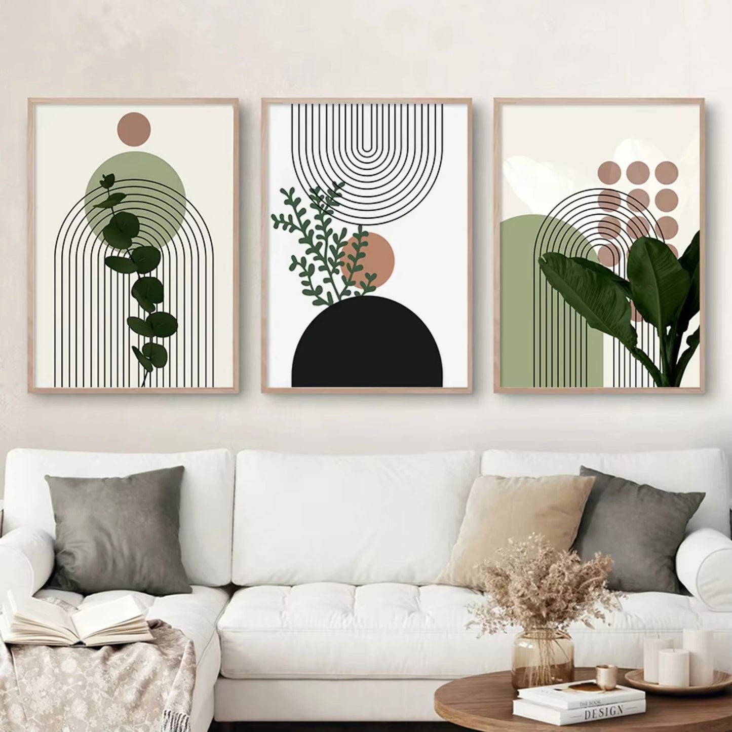 3pcs Modern Abstract Green Plants Leaf Sun Lines Wall  Art Canvas Painting Posters Prints Pictures Living Room Decor Gifts Nct