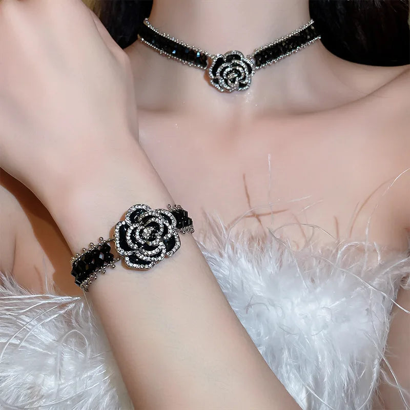 Crystal Flower Jewelry Suit Full Shiny Rhinestone Choker Necklace Women's Neck Chain Anniversarie Jewelry Ornament