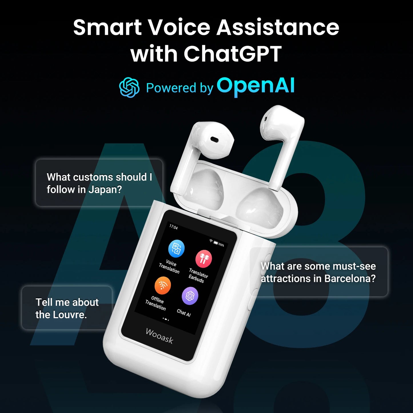 Wooask-A8 AI Translator Earbuds with Touch Screen,2 in 1 Real Time Voice Translation Earphones, Two-way Translator,NO WiFi Need
