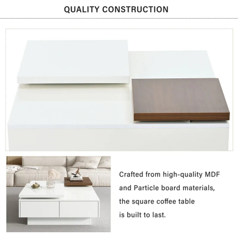 Movable Top Coffee Table, Modern Square Wood Coffee Table with High Gloss finish, 4 Hidden Storage Drawers for Living Room