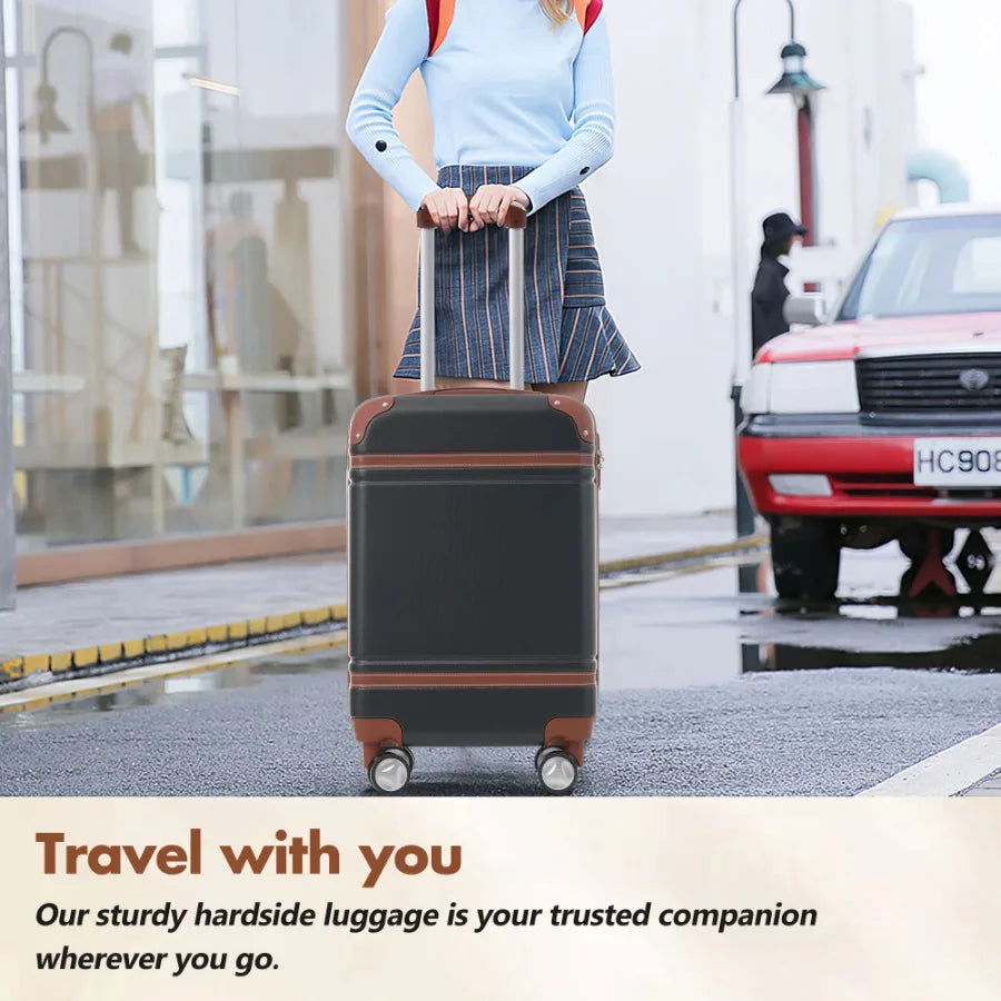 Hardshell Luggage Sets with Bags Carry-on Suitcase Double Spinner Wheels with TSA Lock Single Vintage Luggage 20 IN Black