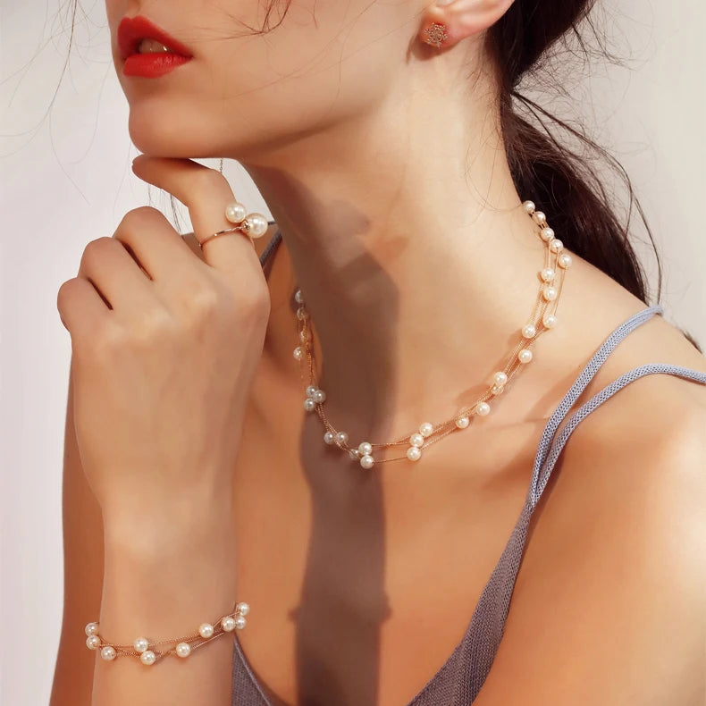 Wedding Bridal Jewelry Set For Women Gold Color Silver Plated Imitation Pearl Fashion Jewelry Necklace+Bracelet+Earring S441-M