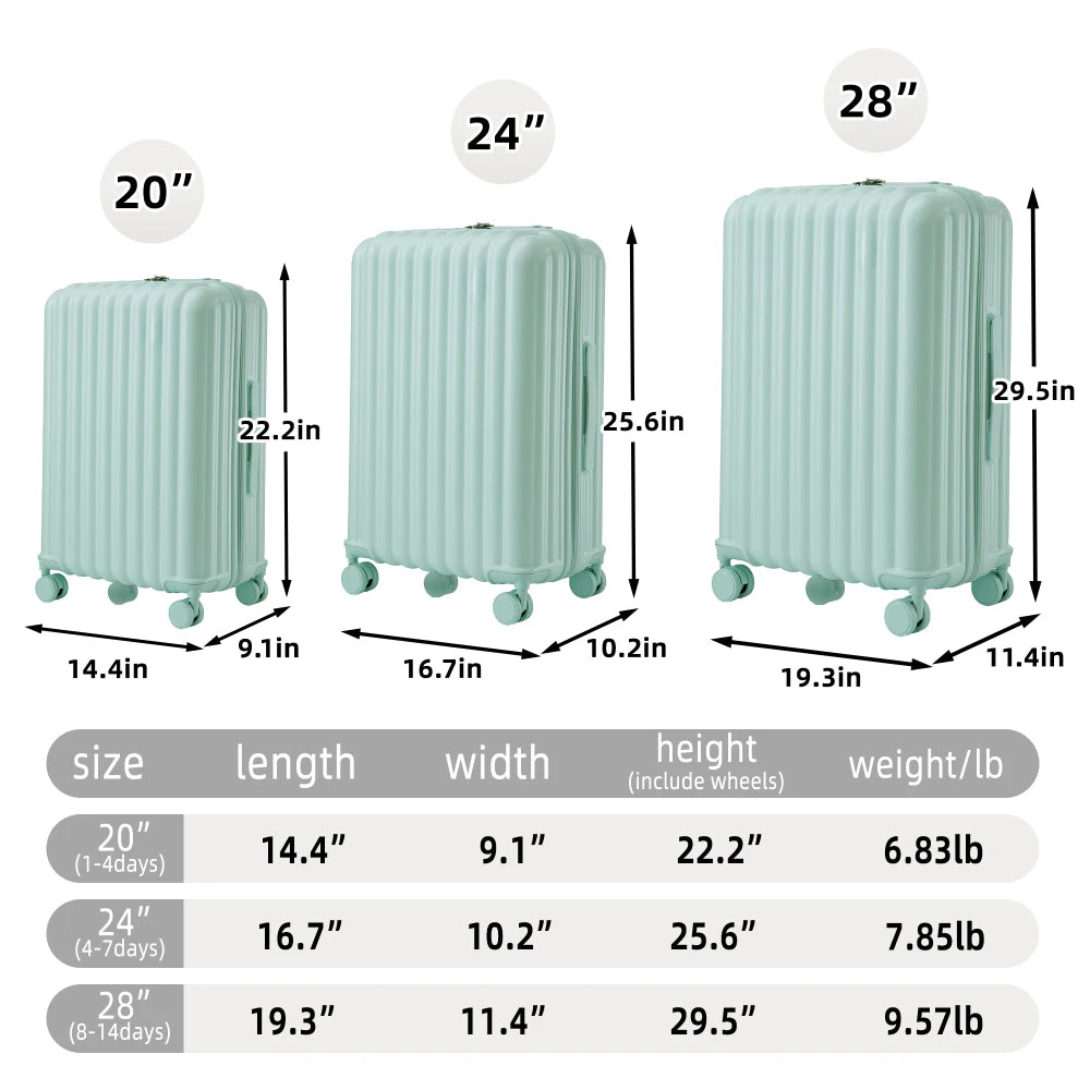 20"/24"/28" 3 Pcs/set in ABS Spinner Wheel Luggage Carry on Suitcase with Cup Holder & USB Port & Phone Holder (Mint Green)
