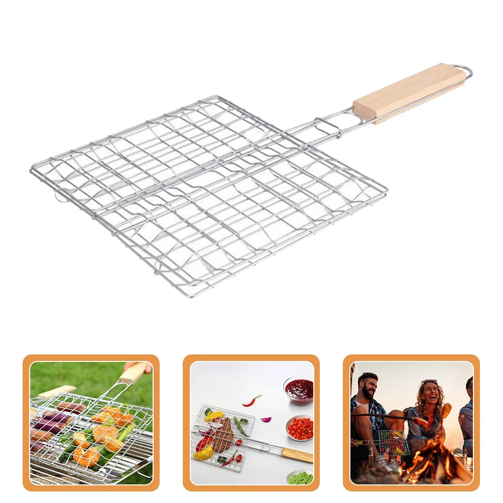 Portable Stainless Steel Grill Rack Outdoor Barbecue Fish Grilling Basket Wooden Handle Bbq Tool Camping Picnic Kitchen