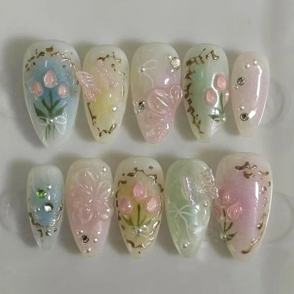 24pcs Aurora Nude Pink Press on Nails Almond Acrylic Sweet Fake Nails with 3d Charms Butterfly Florals Full Cover Flower Nails