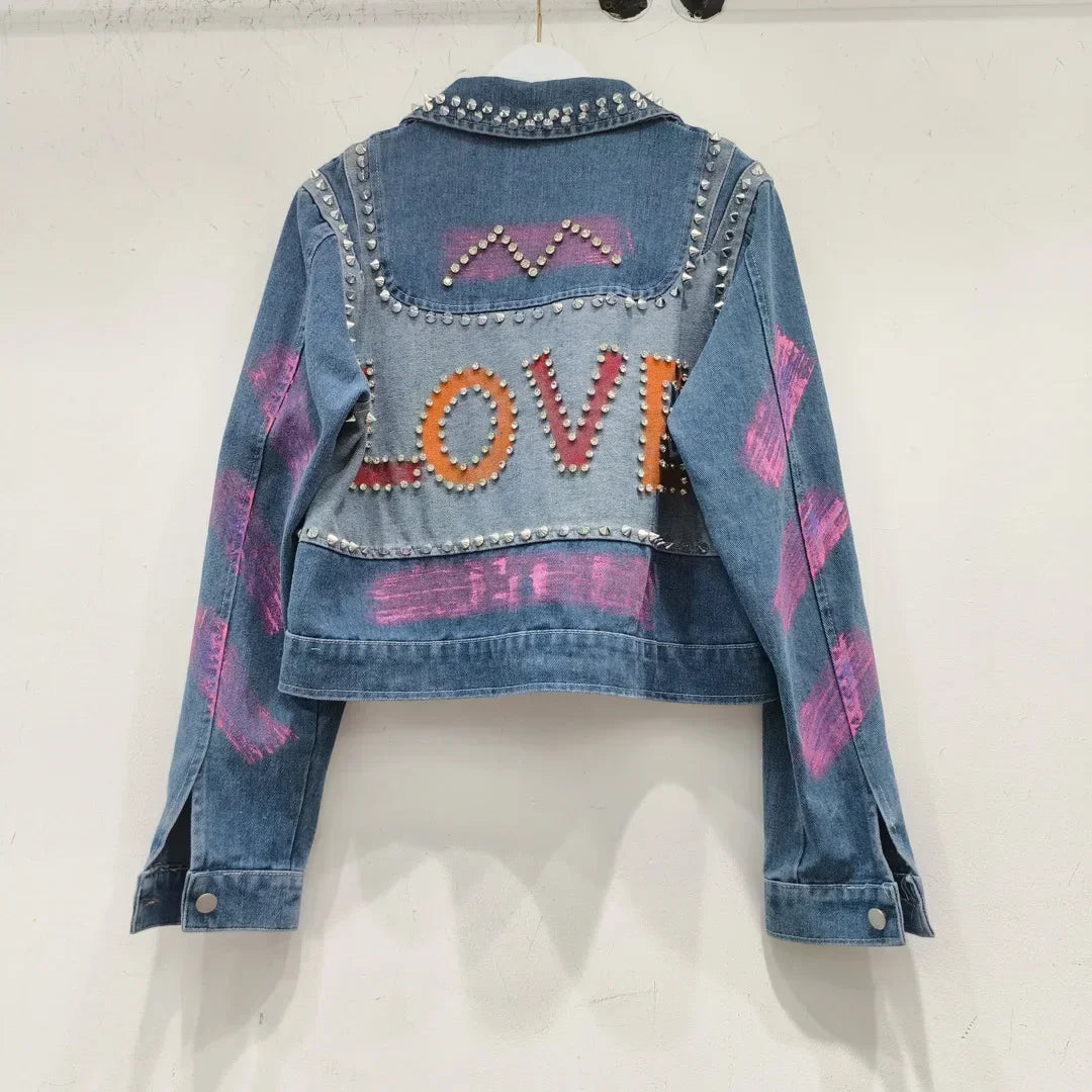Women Spring Hand Painted Graffiti Diamonds Beaded Denim Jacket Loose Rivets Jeans Coat Turn Down Collar Cowboy Cardigan Tops