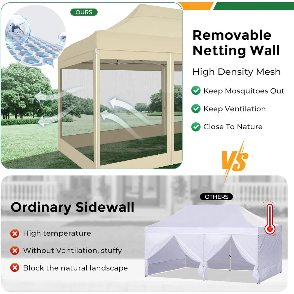 10x20 Heavy Duty Pop Up Canopy Tent with 6 Sidewalls, Commercial Gazebo Party Tent with Mosquito Netting Wall Easy Set Up Outdo