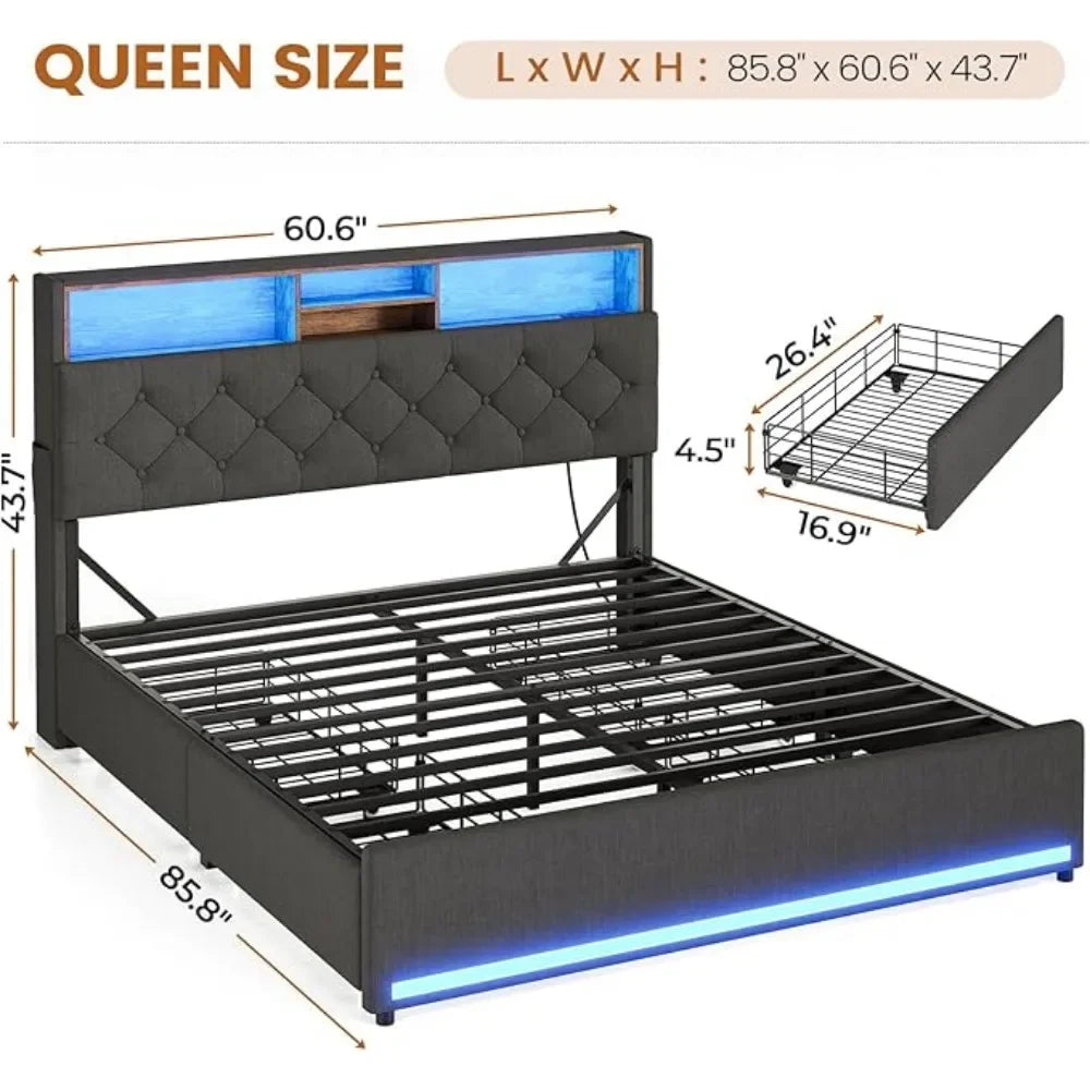 Bed, Queen Bed Frames with Headboard & 4 Drawers, LED Bed Frame Twin with Charging Station, Upholstered and Metal Queen Bed