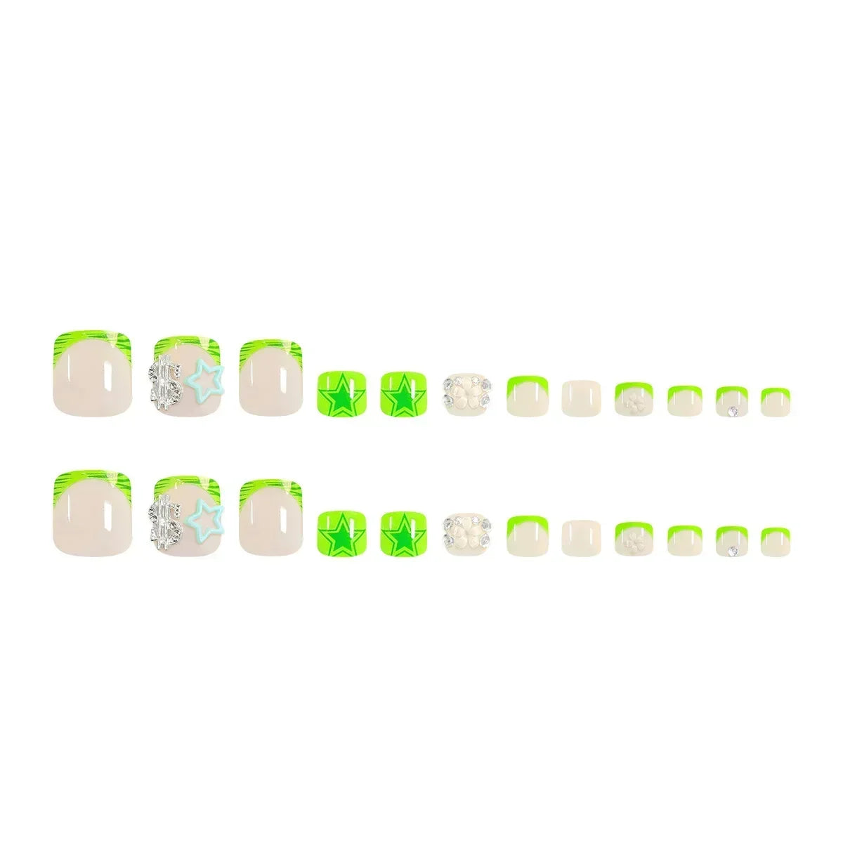24pcs Summer Fake Toenail Patch with Star Rhinestone Design False Toe Nail Full Cover Wearable Green French Press on Toenails