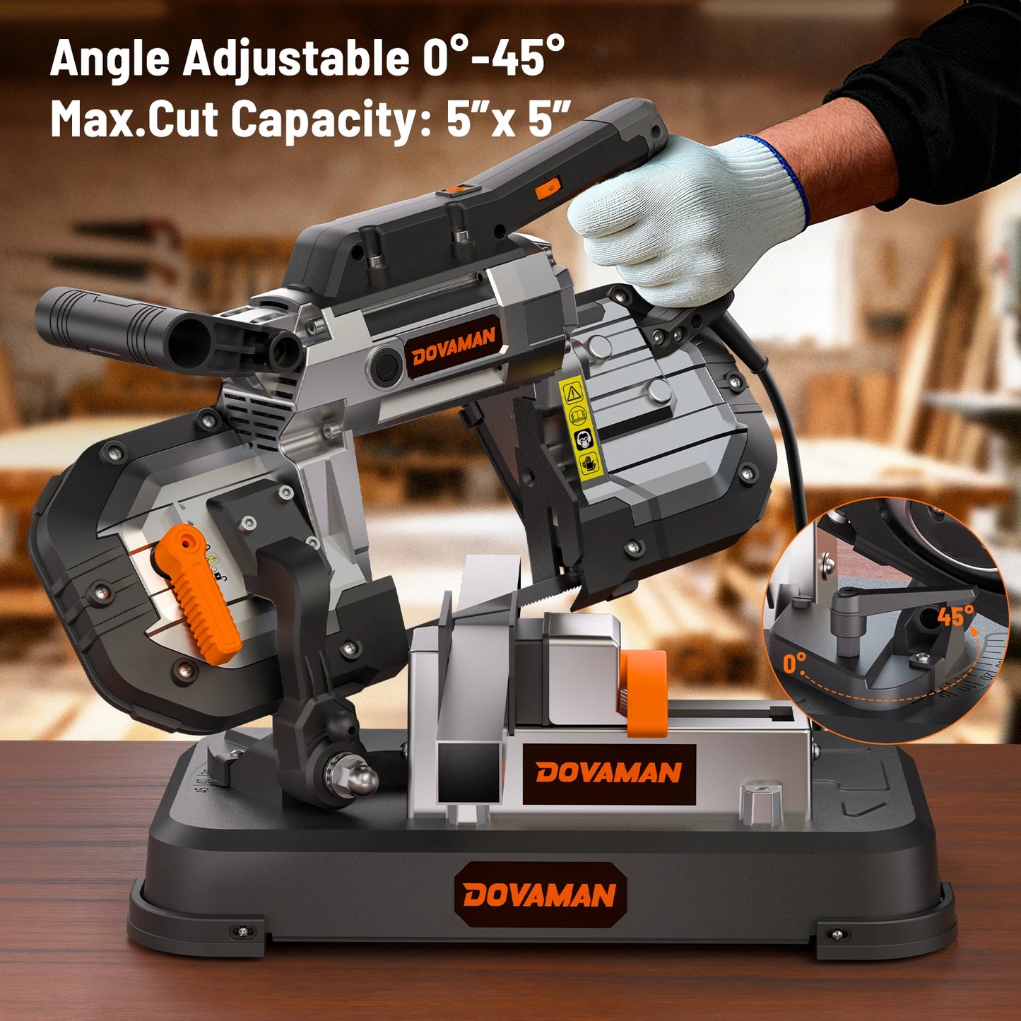 DOVAMAN Portable Band Saw, 10A Corded Handheld, 5" Cut Capacity, 6-Speed, 0°–45° Adjustable, Wood & Metal, 2 Blades