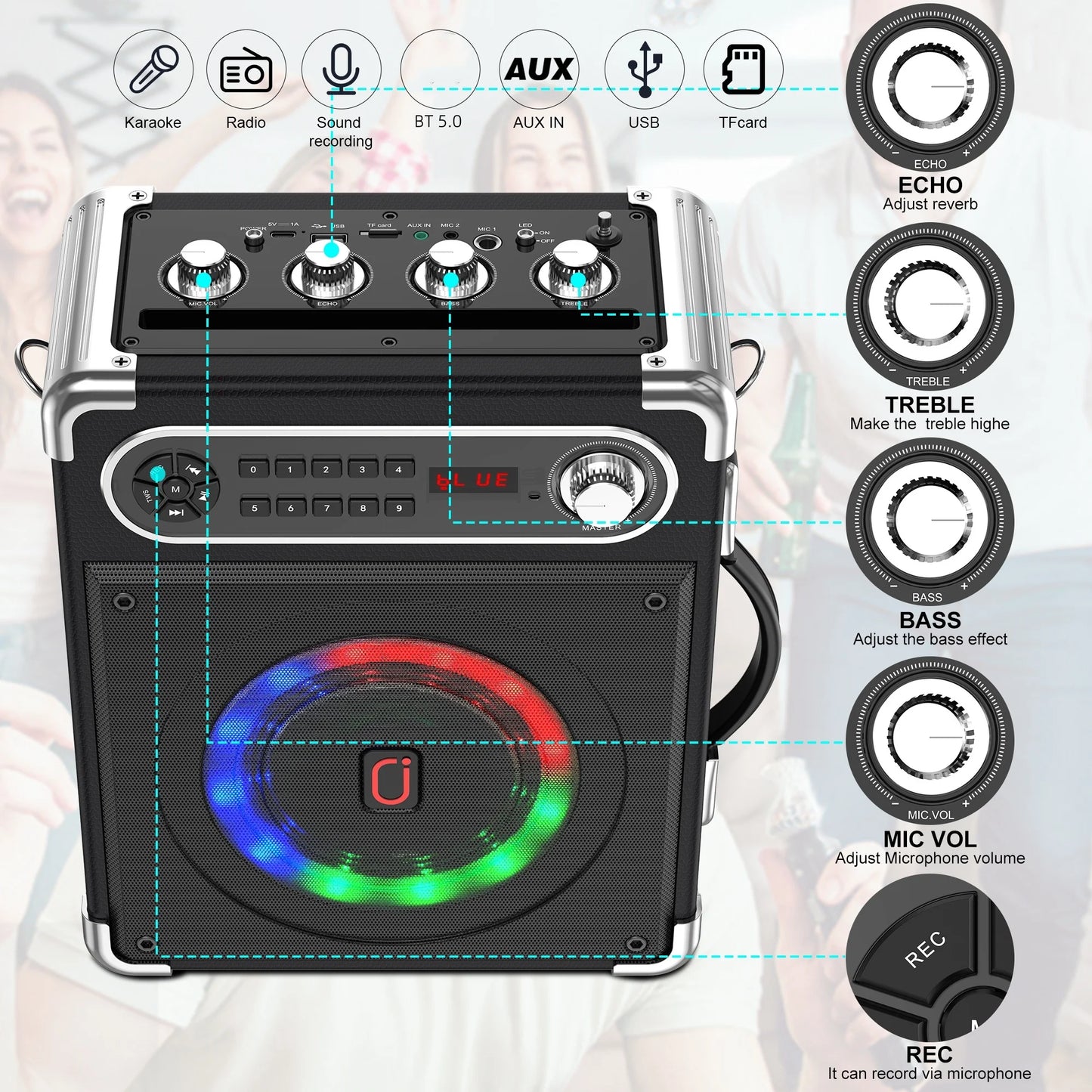 FanFun Wireless Outdoor Speaker, Portable Speaker with Microphone, Colorful DJ Light, Dual Microphone Jacks, TF Card Compatible
