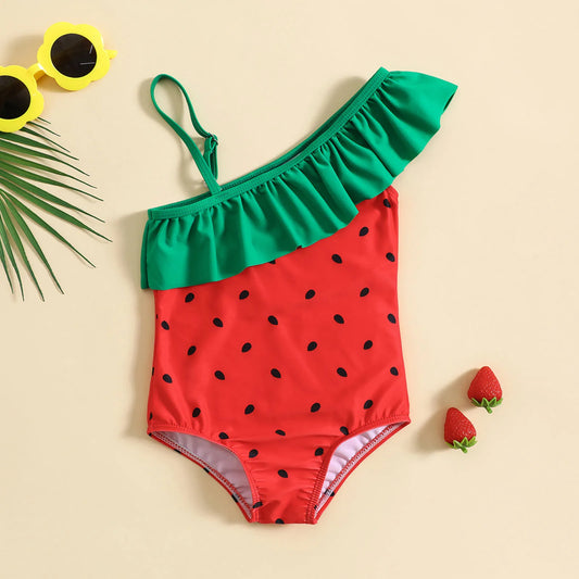 Kid Sleeveless Ruffle Strapless Cartoon Strawberry Print One Piece Swimsuit Bikini Swimwear 1 Piece Cartoon Sleeveless Swim Suit
