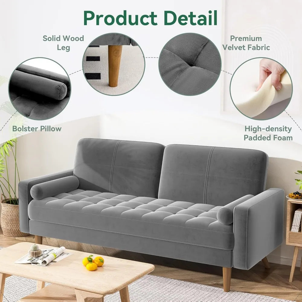 3 Seater Sofa Couch, 68 Inch Velvet Loveseat Sofa with Tufted Seat Cushion and Bolster, Mid Century Modern Couch with Solid Wood