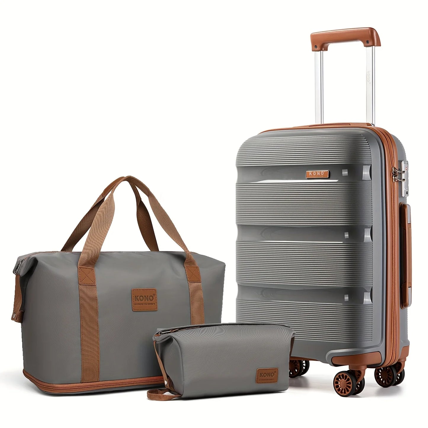 Kono 3-Piece Lightweight Hard Shell Suitcase Set with Travel & Toiletry Bags, Cabin Carry-On Trolley Luggage