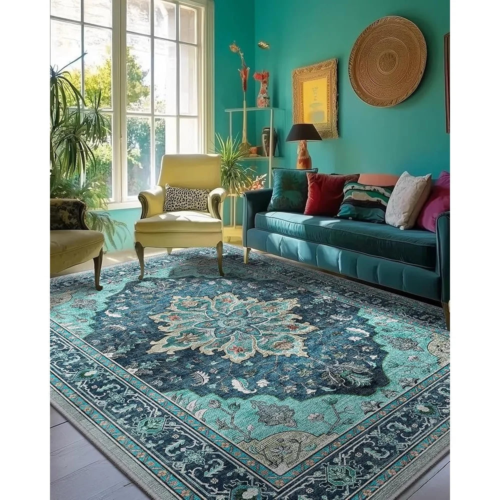 Washable Non-Slip Area Rug 5x7 Floral Vintage Distress Print Soft Carpet Thick Non Slip Backing Living Room Bedroom Dining Room