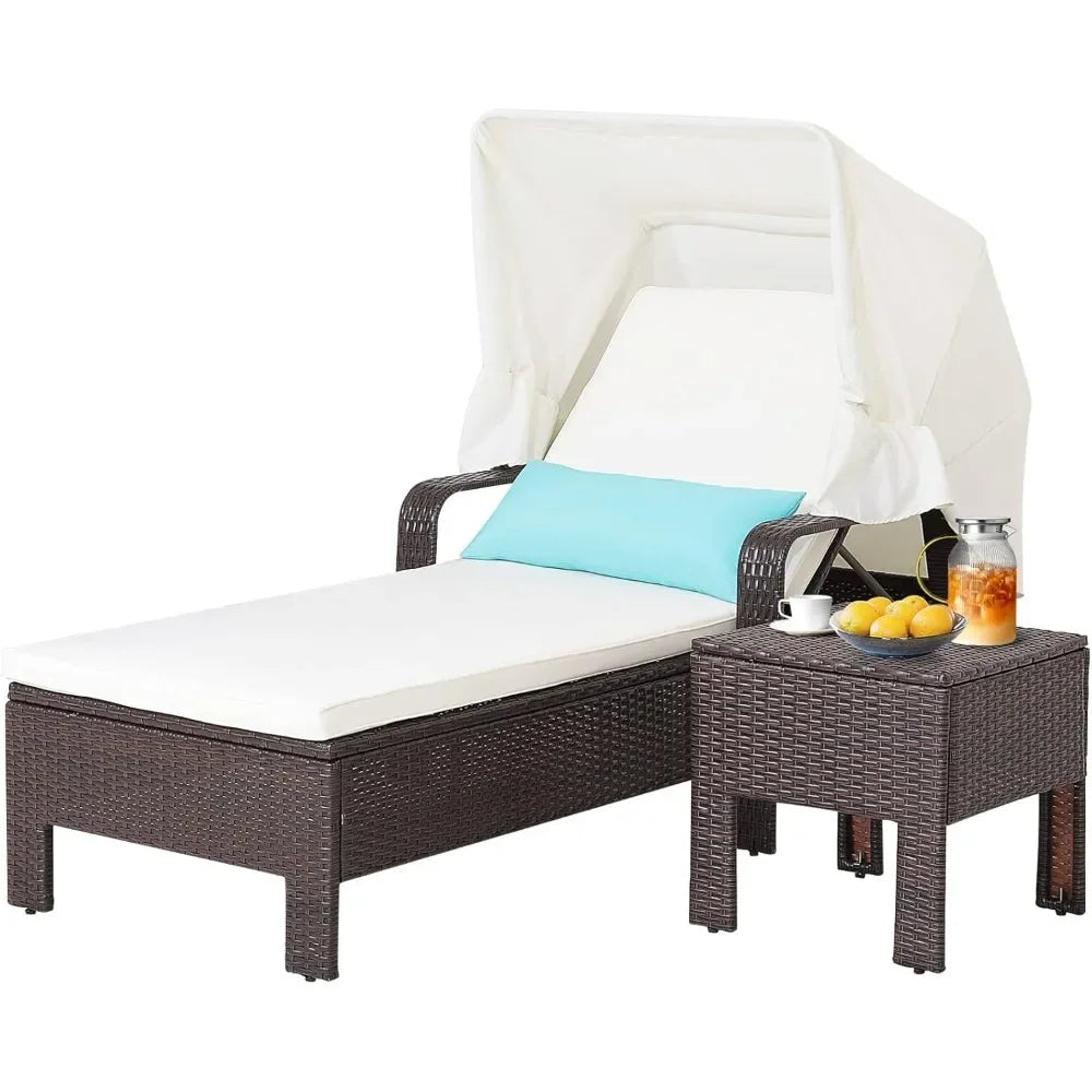 Rattan Sun Lounger with Side Table, 6-Level Adjustable Garden Daybed Chaise Lounge Chair, Outdoor Reclining Chair Wicker Sun Bed